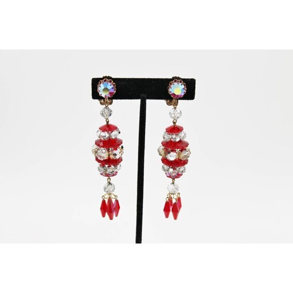Vintage Red AB Crystal Rhinestone Statement Dangle Earrings - Picture 4 of 4